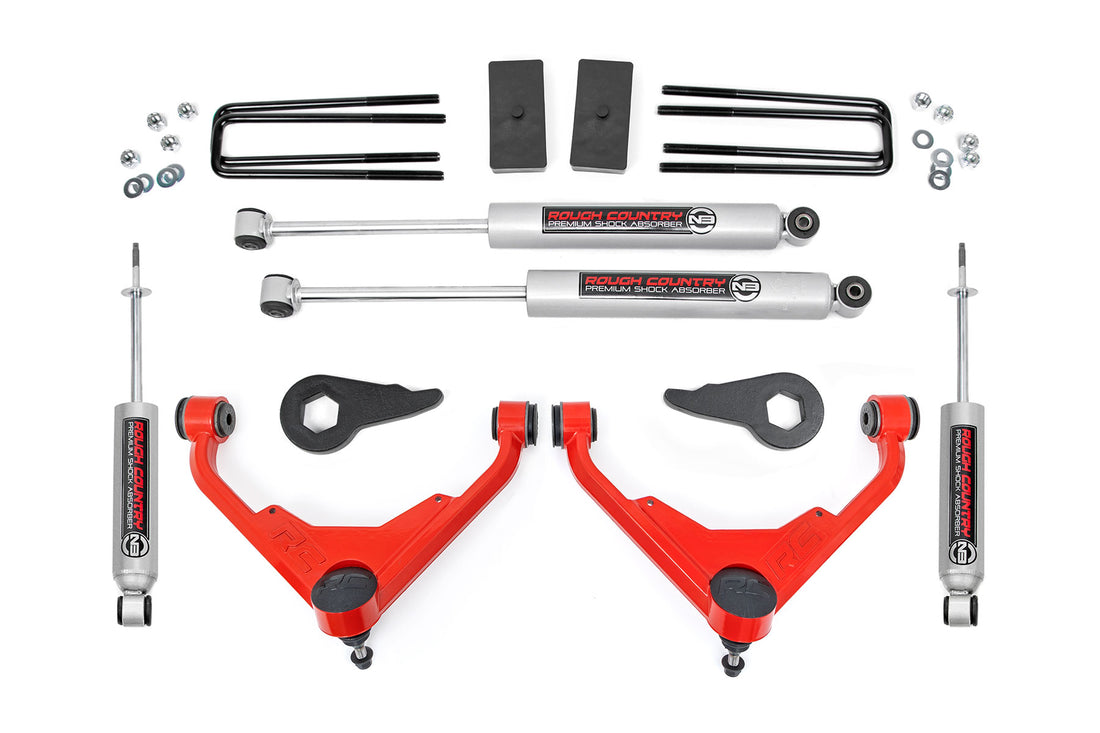 Rough Country 3 Inch Lift Kit | Chevy/GMC Sierra/Silverado 2500 HD Suburban/Yukon XL 2500 (01-10) - FT Codes / Red / Premium N3