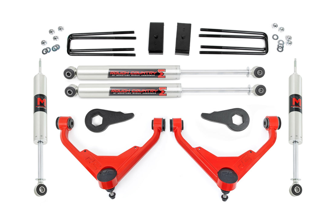 Rough Country 3 Inch Lift Kit | Chevy/GMC Sierra/Silverado 2500 HD Suburban/Yukon XL 2500 (01-10) - FT Codes / Red / M1 Monotube