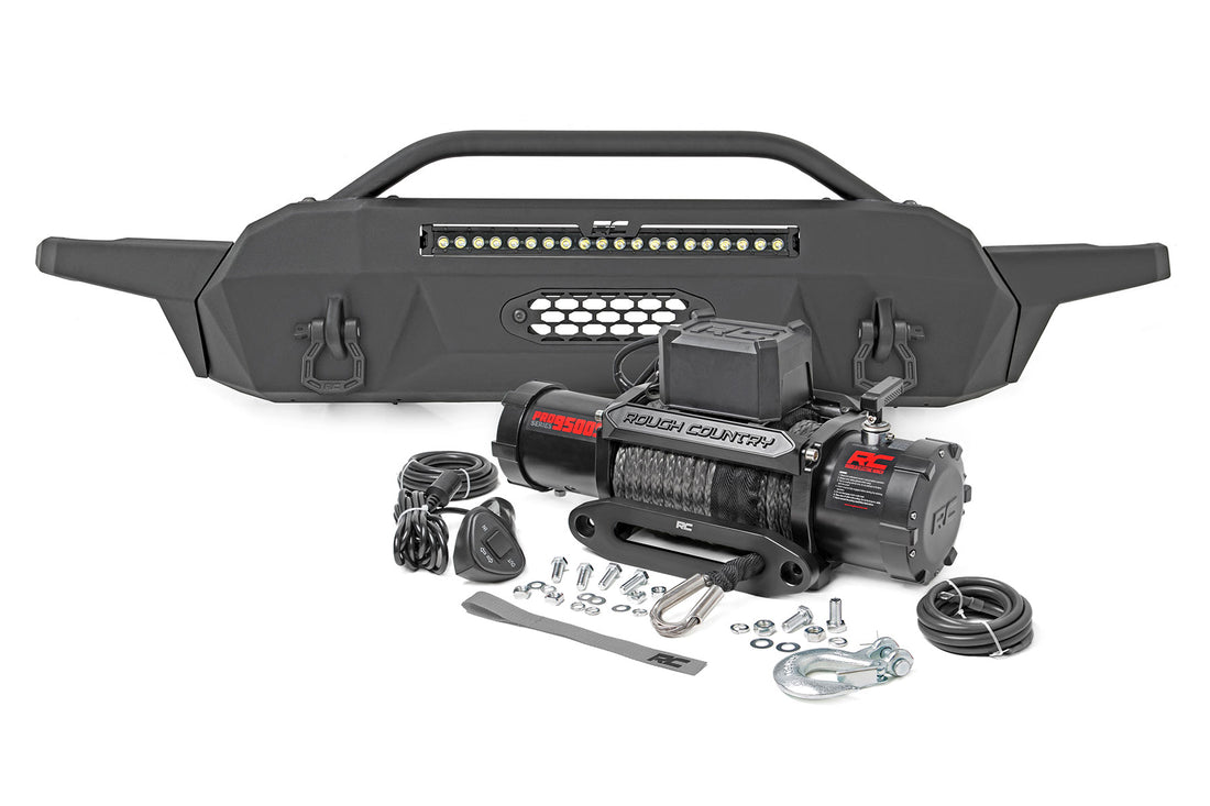 Rough Country Front Bumper | High Clearance | Toyota Tacoma 2WD/4WD (2016-2023) - Black Series w/ White DRL / with PRO9500S Winch