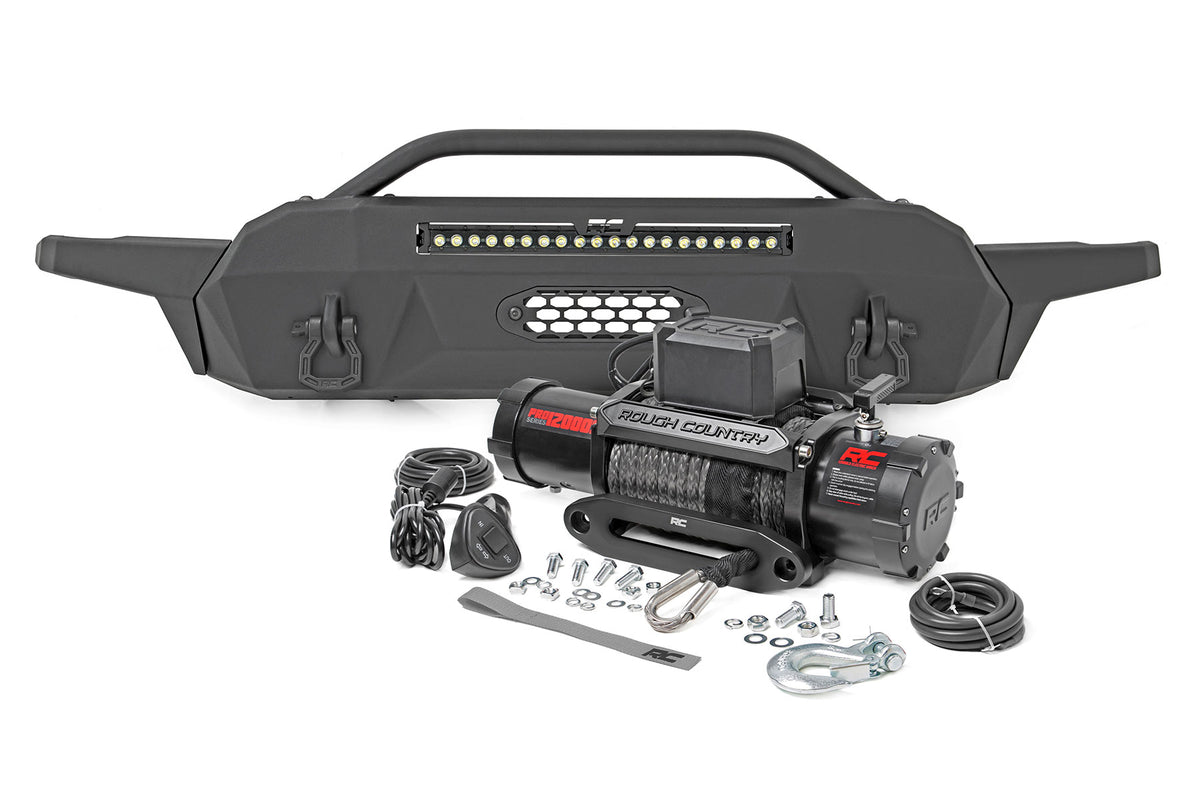 Rough Country Front Bumper | High Clearance | Toyota Tacoma 2WD/4WD (2016-2023) - Black Series w/ White DRL / with PRO12000S Winch