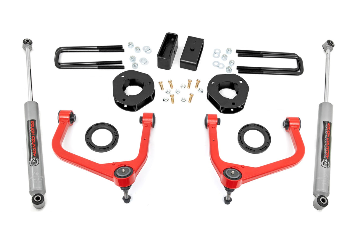 Rough Country 3.5 Inch Lift Kit | GMC Sierra 1500 2WD/4WD (2019-2024 & Refresh) - Red / Multi-Leaf Spring / Strut Spacers w/N3 Rear Shocks