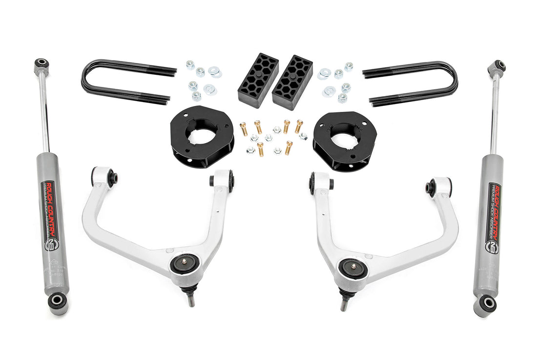 Rough Country 3.5 Inch Lift Kit | Chevy Silverado 1500 2WD/4WD (2019-2024 & Refresh) - Aluminum / Mono-Leaf Spring / Strut Spacers w/N3 Rear Shocks