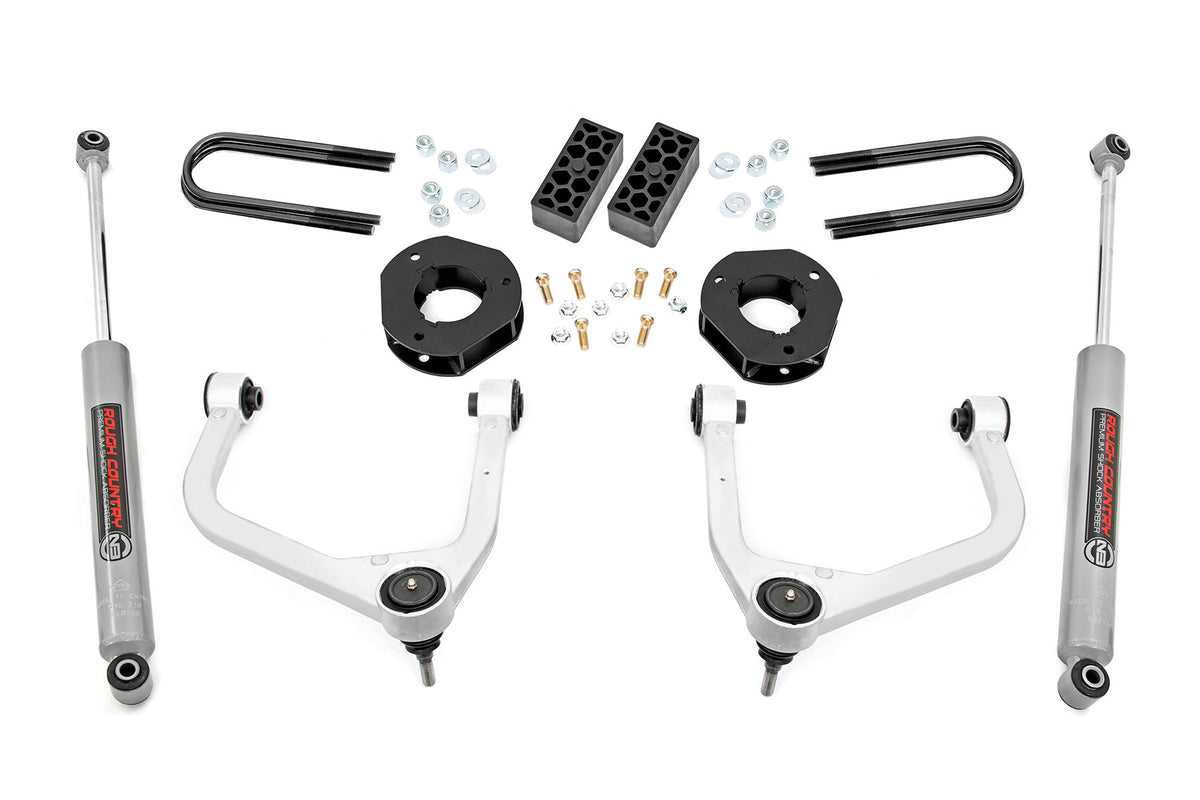 Rough Country 3.5 Inch Lift Kit | Chevy Silverado 1500 2WD/4WD (2019-2024 & Refresh) - Aluminum / Mono-Leaf Spring / Strut Spacers w/N3 Rear Shocks