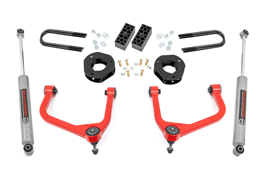 Rough Country 3.5 Inch Lift Kit | Chevy Silverado 1500 2WD/4WD (2019-2024 & Refresh) - Red / Mono-Leaf Spring / Strut Spacers w/N3 Rear Shocks