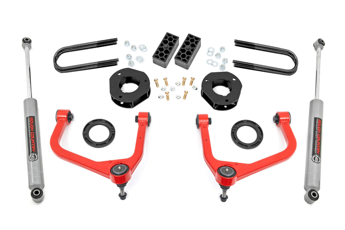 Rough Country 3.5 Inch Lift Kit | Chevy Silverado 1500 2WD/4WD (2025-2026) - Red / Multi-Leaf Spring / Strut Spacers w/N3 Rear Shocks